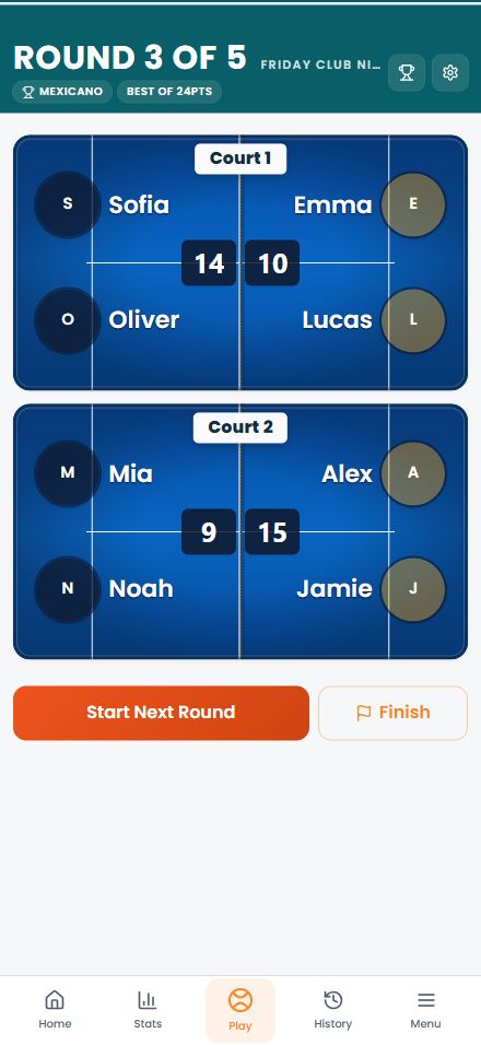 Padel Maestro organizer view with example players, scores entered on each court and an active Start Next Round button.
